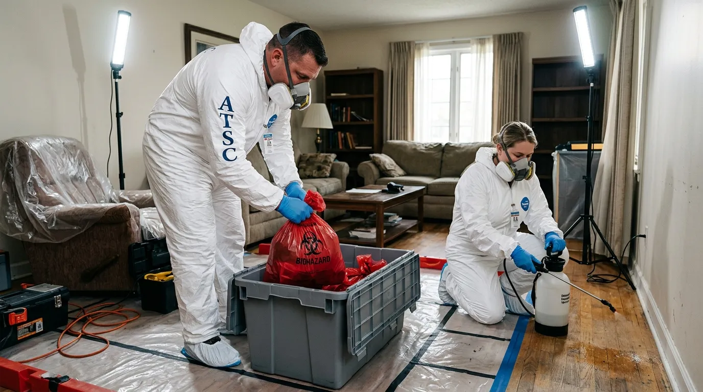 Professional Biohazard Cleanup technician in full PPE working in Tenafly
